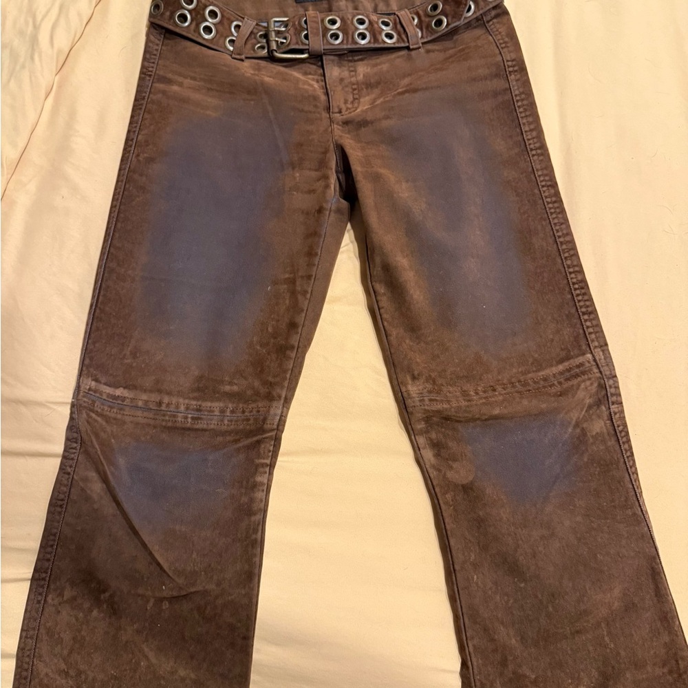 Vintage unique DKNY Brown/suede Flare Jeans with Eyelet Belt